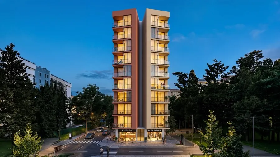 Bostancı Apartmanı, Bostancı, Kadıköy – dar cephe ve dikey balkon dizisi (3D görselleştirme)