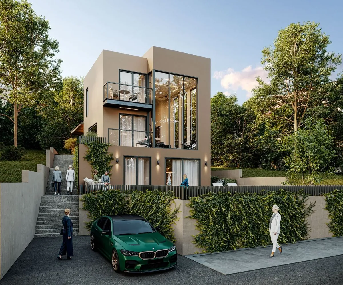 Çavuş 302/15 Evi, Çavuş, Şile – yamaçta üç katlı ev ve bahçe merdiveni (3D görselleştirme)