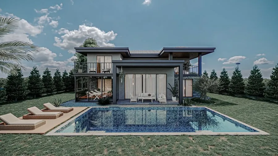 Çavuş Havuzlu Villa, Çavuş, Şile – havuz ve bahçe cephesi (3D görselleştirme)