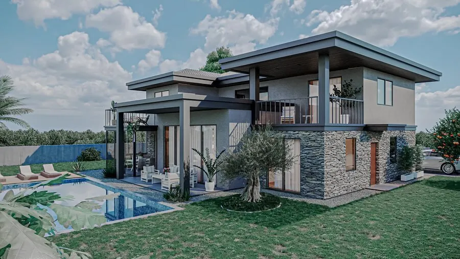 Çavuş Havuzlu Villa, Çavuş, Şile – taş kaplı zemin kat ve geniş saçaklar (3D görselleştirme)
