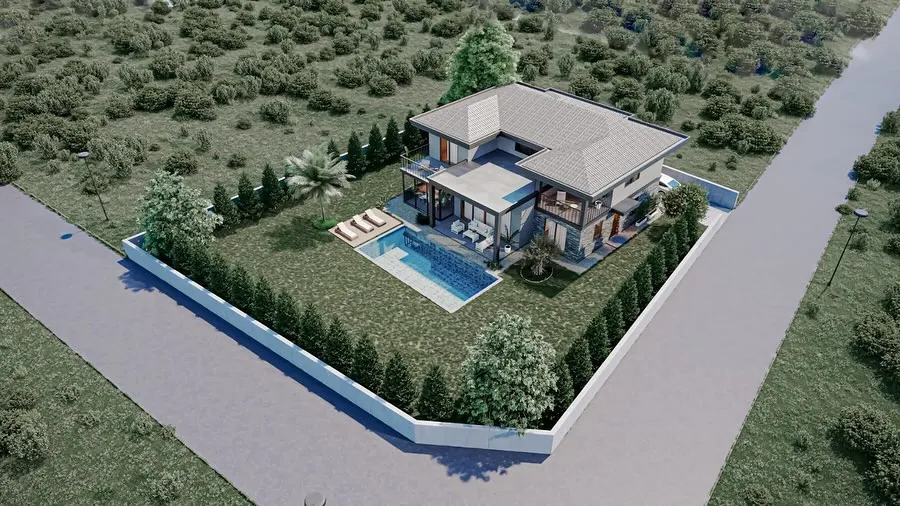 Çavuş Havuzlu Villa, Çavuş, Şile – kuşbakışı: köşe parselde villa ve havuz (3D görselleştirme)