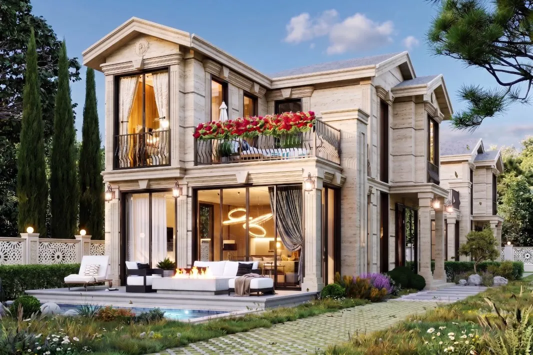Çavuş Klasik Taş Villa, Çavuş, Şile – bahçe cephesi: çiçekli balkon ve havuz (3D görselleştirme)