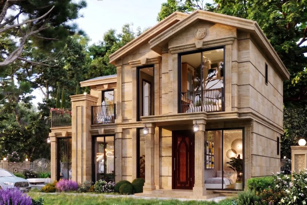 Çavuş Klasik Taş Villa, Çavuş, Şile – giriş cephesi: alınlık ve ahşap kapı (3D görselleştirme)