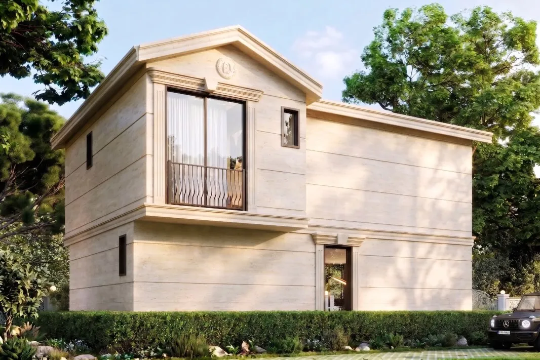 Çavuş Klasik Taş Villa, Çavuş, Şile – yan cephe: alınlıklı kalkan ve taş derzler (3D görselleştirme)