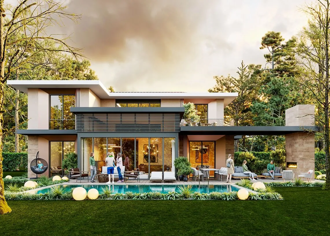 Çavuş Modern Villa, Çavuş, Şile – gün batımında havuz ve bahçe cephesi (3D görselleştirme)