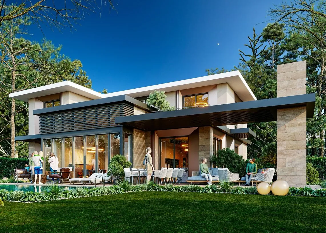 Çavuş Modern Villa, Çavuş, Şile – akşam: uzun sundurma ve taş şömine kulesi (3D görselleştirme)