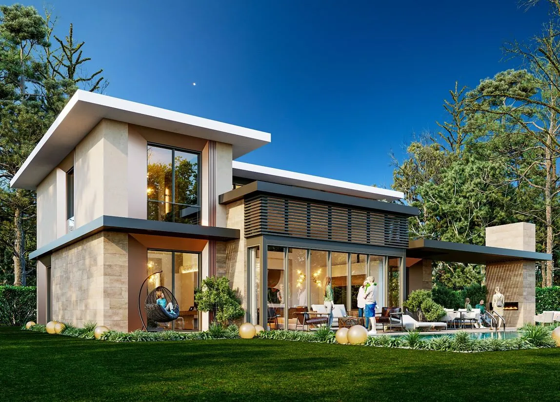 Çavuş Modern Villa, Çavuş, Şile – köşe görünüşü ve camlı yaşam alanı (3D görselleştirme)