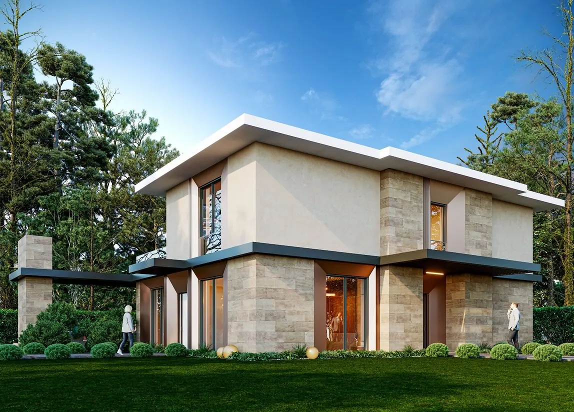 Çavuş Modern Villa, Çavuş, Şile – giriş tarafı: taş ve bej sıva yüzeyler (3D görselleştirme)