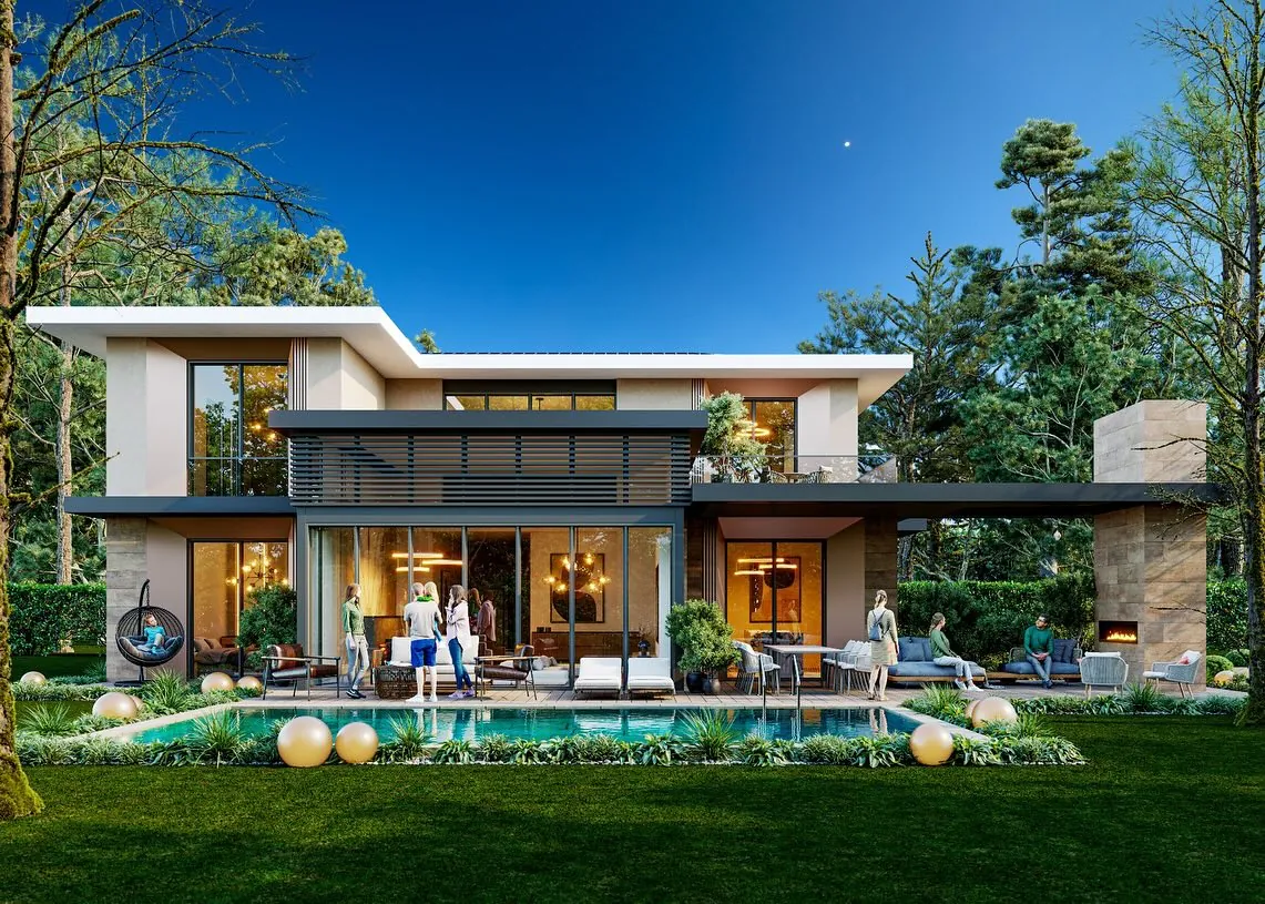 Çavuş Modern Villa, Çavuş, Şile – akşam: havuz ve aydınlatılmış yaşam alanları (3D görselleştirme)