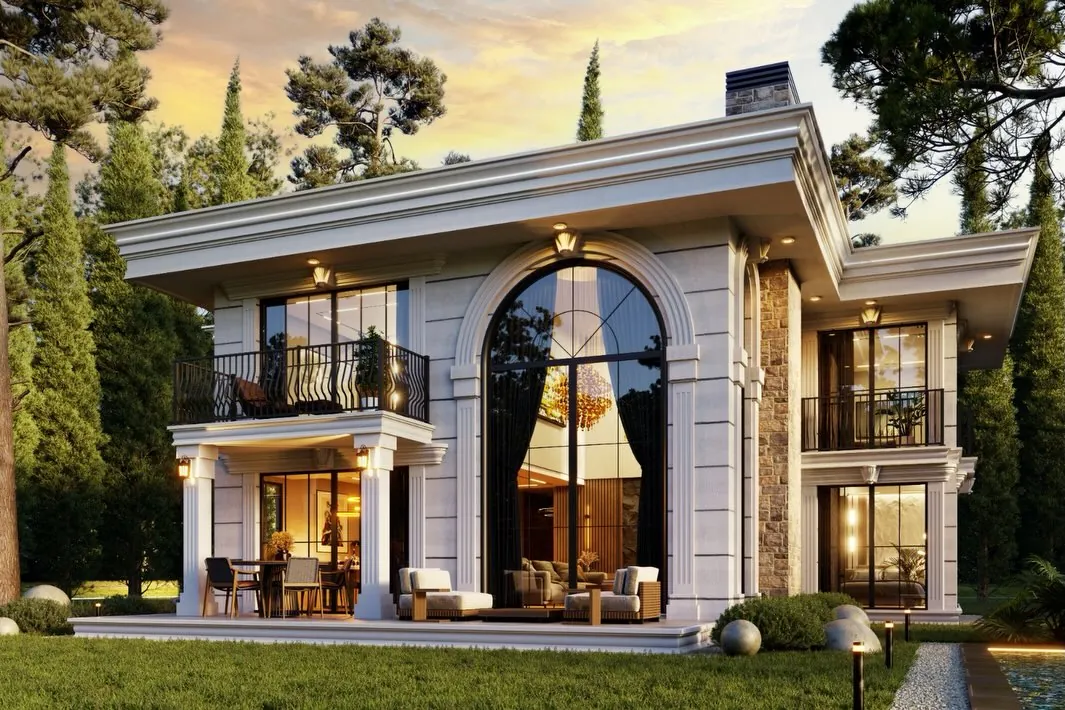 Çavuş Neoklasik Villa, Çavuş, Şile – bahçe cephesi: kemerli pencere ve sütunlu sundurma (3D görselleştirme)