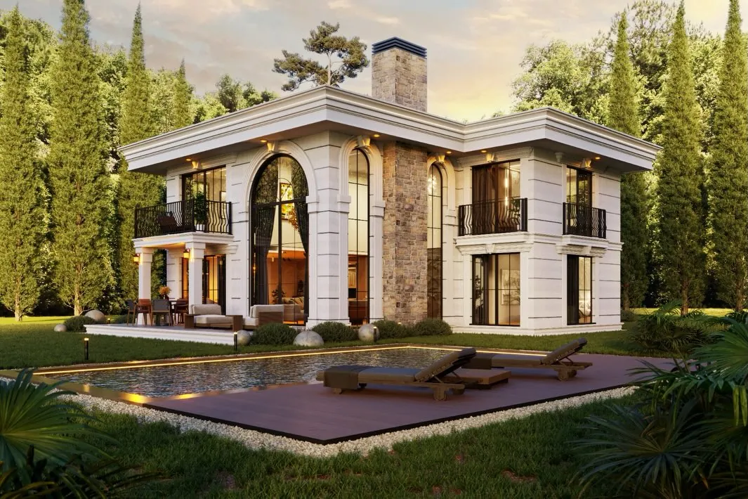 Çavuş Neoklasik Villa, Çavuş, Şile – havuz ve ahşap deck (3D görselleştirme)