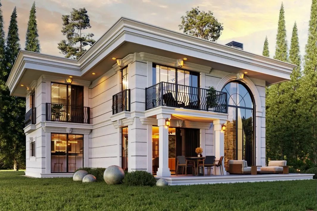 Çavuş Neoklasik Villa, Çavuş, Şile – köşe görünüşü: ferforje balkon ve kemerli pencere (3D görselleştirme)