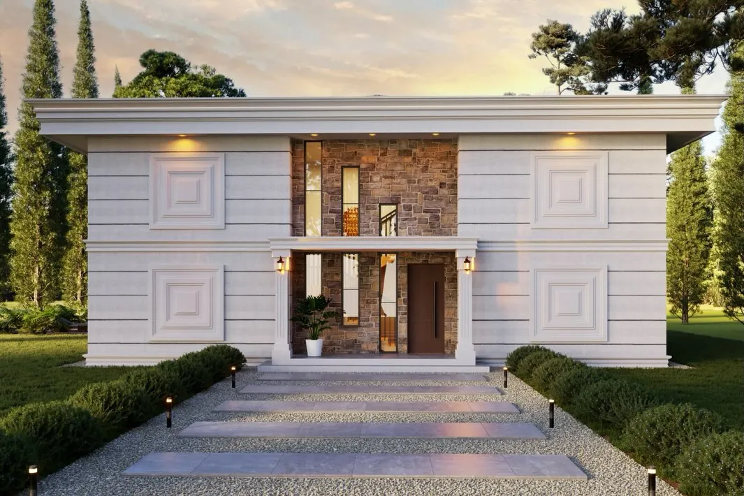 Çavuş Neoklasik Villa, Çavuş, Şile – giriş cephesi: kabartma paneller ve taş kaplı orta bölüm (3D görselleştirme)