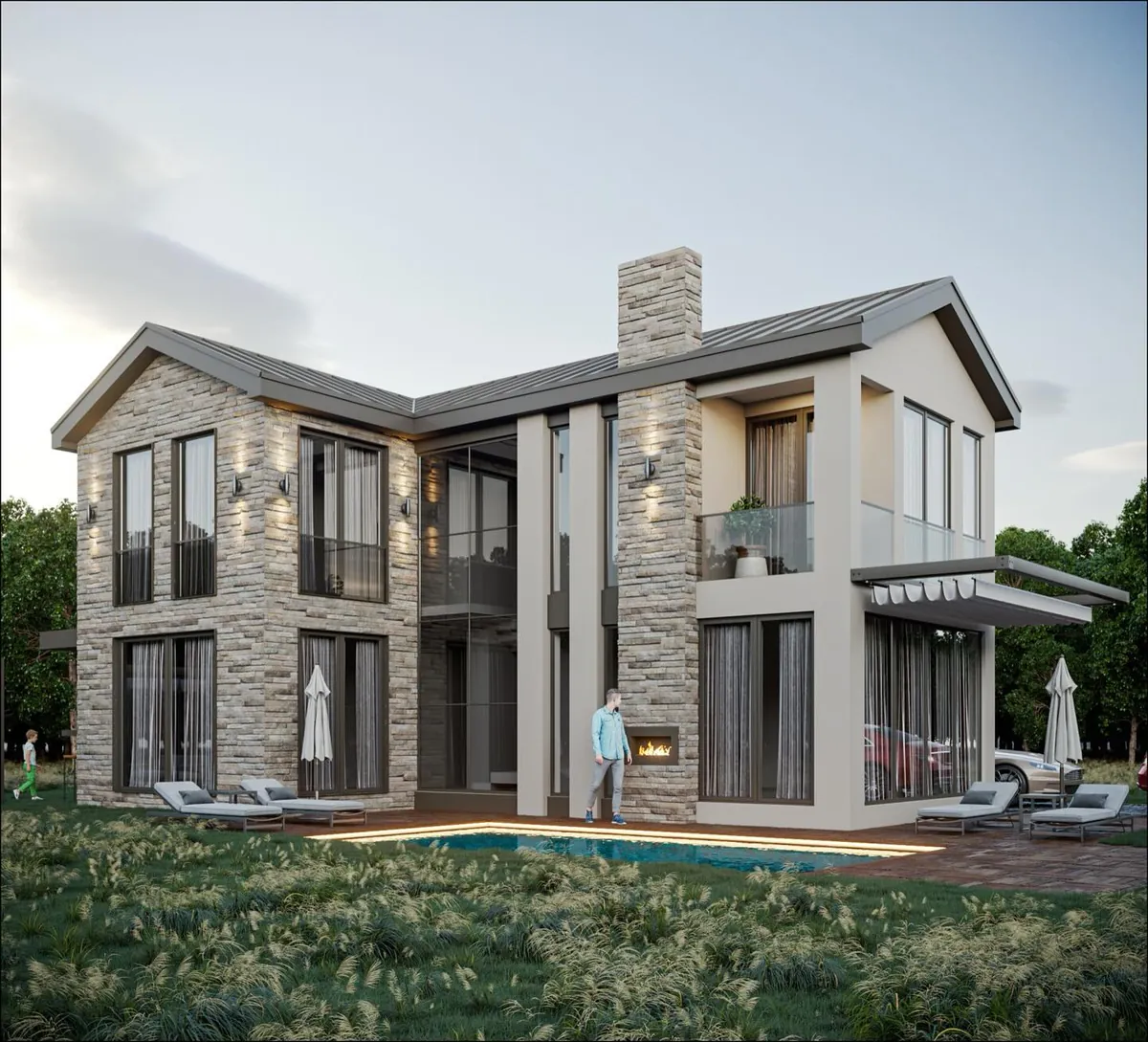 Çavuş Taş ve Beyaz Villa, Çavuş, Şile – taş ve beyaz sıvalı cepheler, havuz (3D görselleştirme)