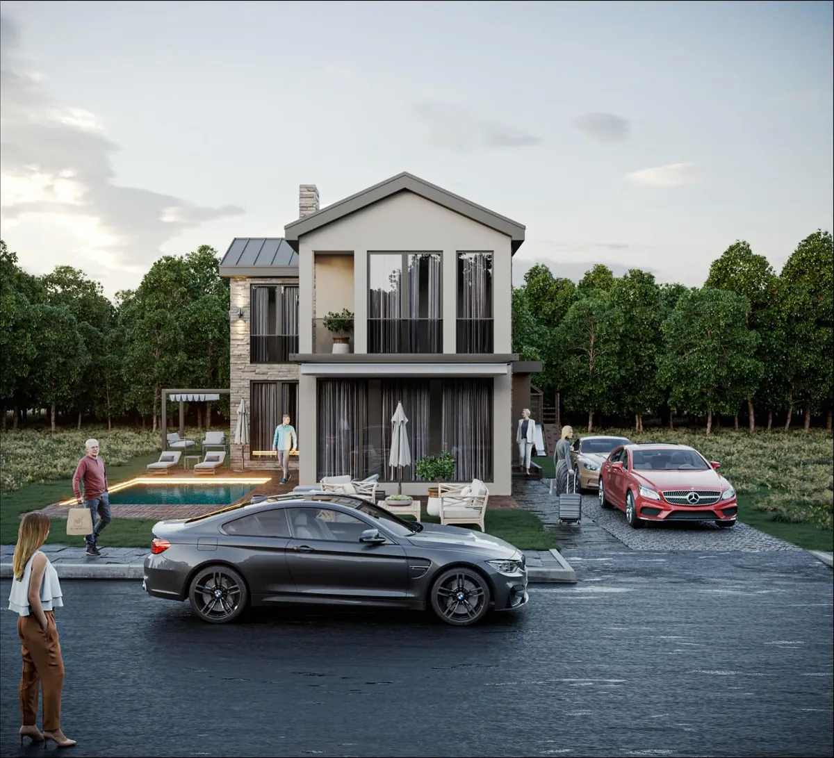 Çavuş Taş ve Beyaz Villa, Çavuş, Şile – giriş ve otopark tarafı (3D görselleştirme)