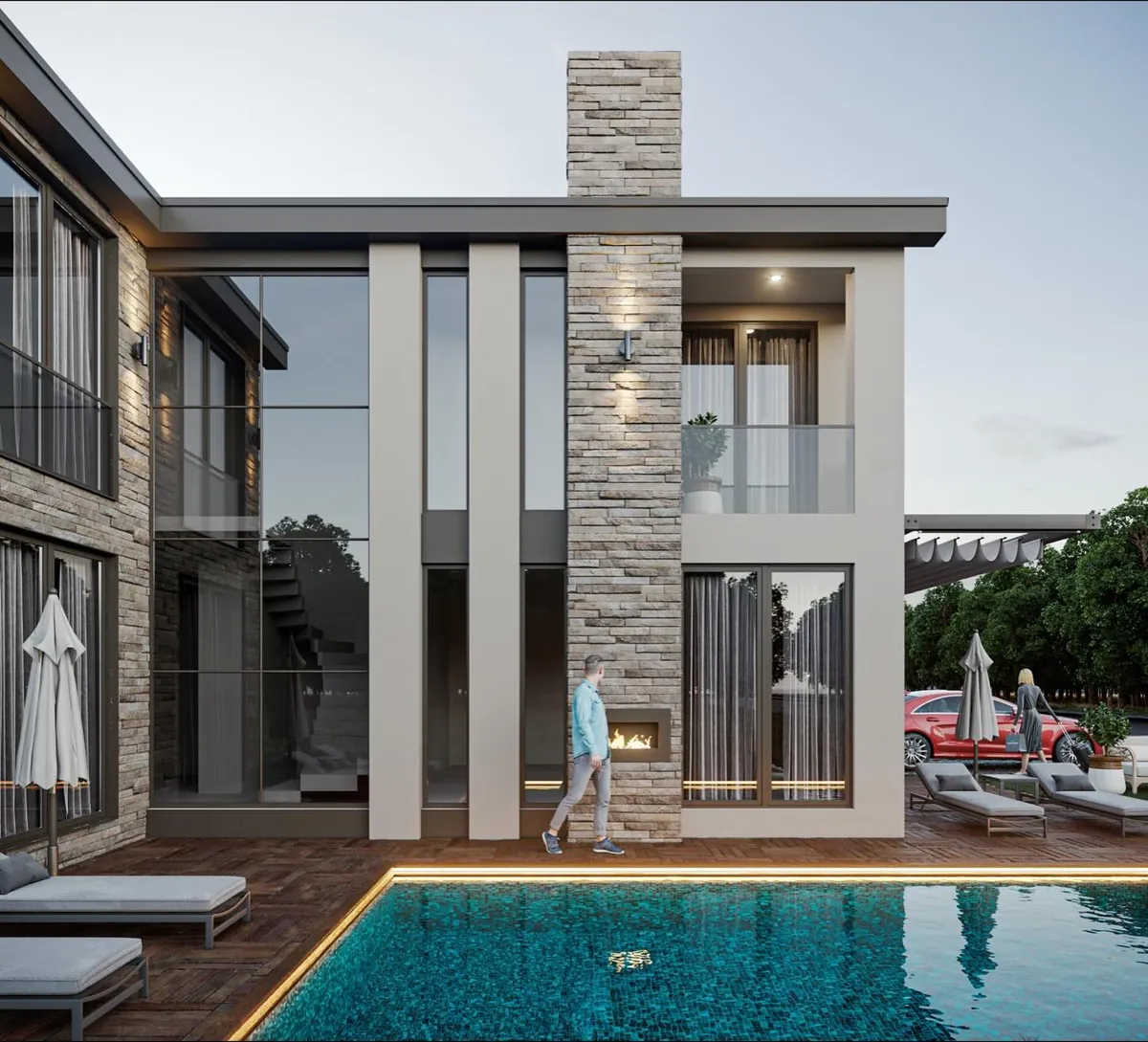 Çavuş Taş ve Beyaz Villa, Çavuş, Şile – taş kaplı baca kütlesi ve cam yüzeyler (3D görselleştirme)