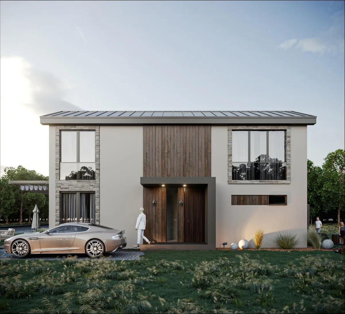 Çavuş Taş ve Beyaz Villa, Çavuş, Şile – sokak cephesi: ahşap giriş ve taş detaylar (3D görselleştirme)