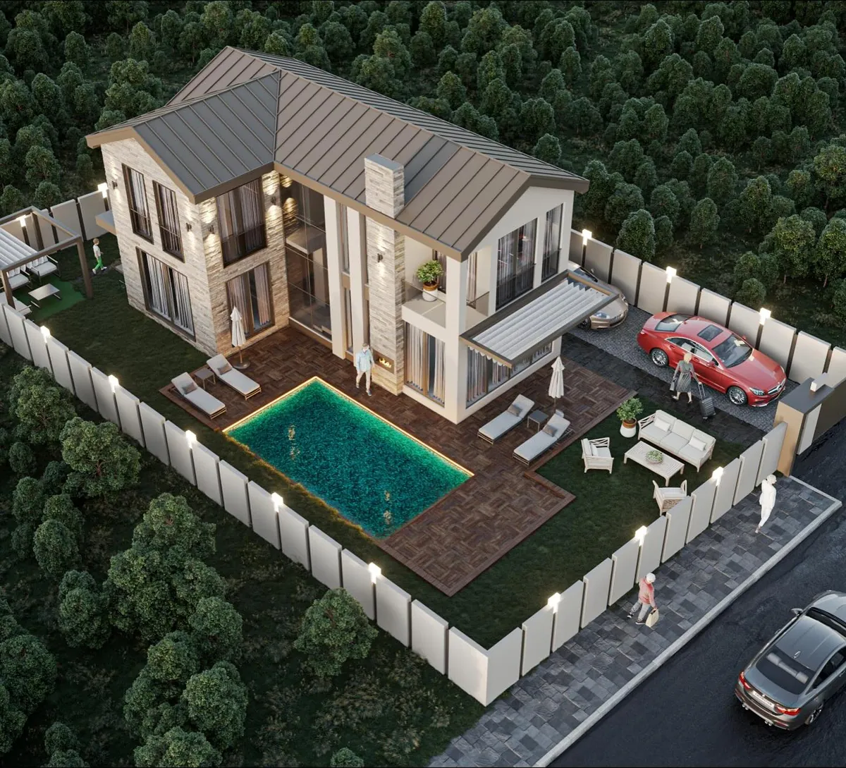 Çavuş Taş ve Beyaz Villa, Çavuş, Şile – kuşbakışı: havuz, teras ve bahçe (3D görselleştirme)