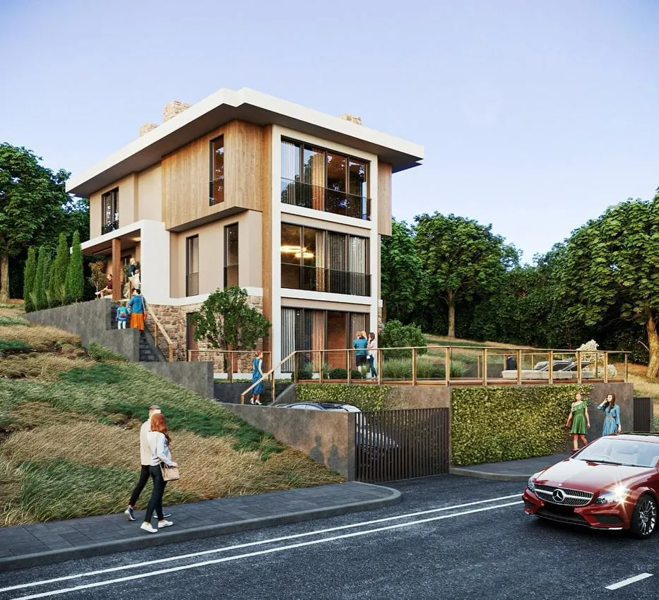 Çavuş Yamaç Evi, Çavuş, Şile – sokaktan yamaçtaki ev ve merdivenli bahçe (3D görselleştirme)