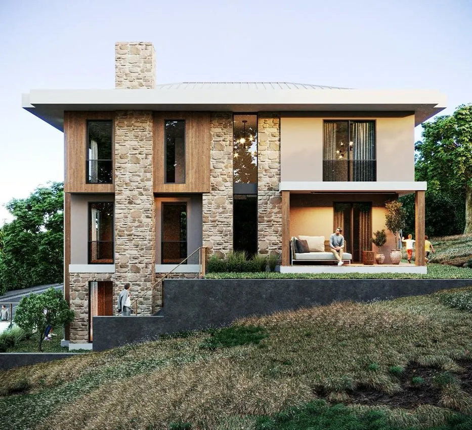 Çavuş Yamaç Evi, Çavuş, Şile – taş ve ahşap kaplı bahçe cephesi (3D görselleştirme)