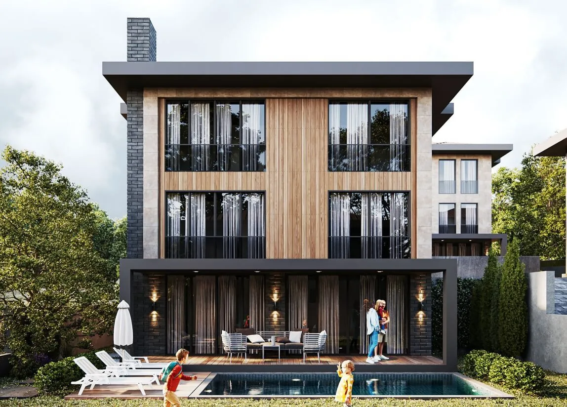 Çayırbaşı Sıra Villalar, Çayırbaşı, Şile – ahşap kaplı üç katlı villa ve havuz (3D görselleştirme)