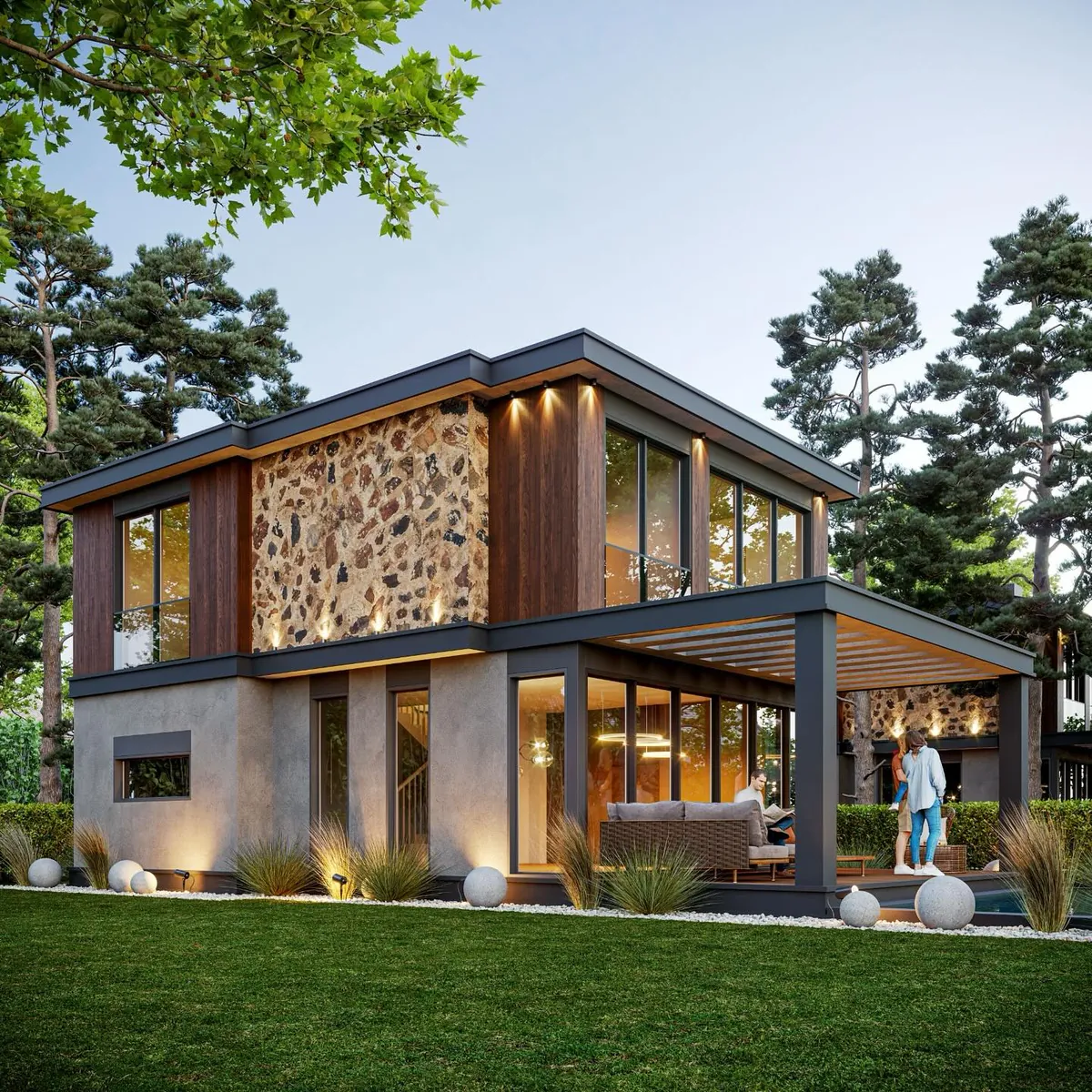 Çayırbaşı Taş Panelli Villalar, Çayırbaşı, Şile – köşe görünüşü: taş panel, ahşap ve pergola (3D görselleştirme)