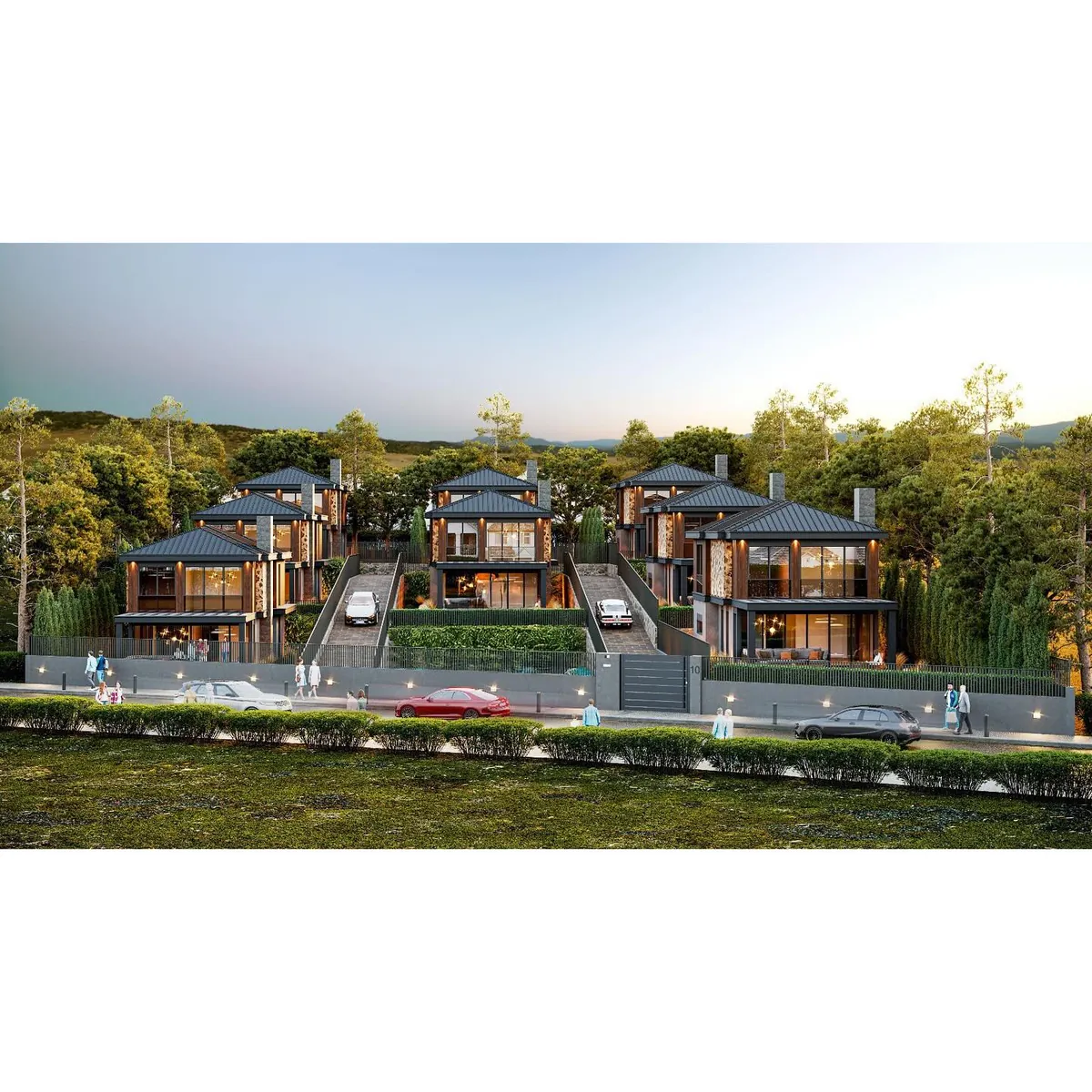 Çayırbaşı Taş Panelli Villalar, Çayırbaşı, Şile – sokaktan villalar ve iç yol (3D görselleştirme)