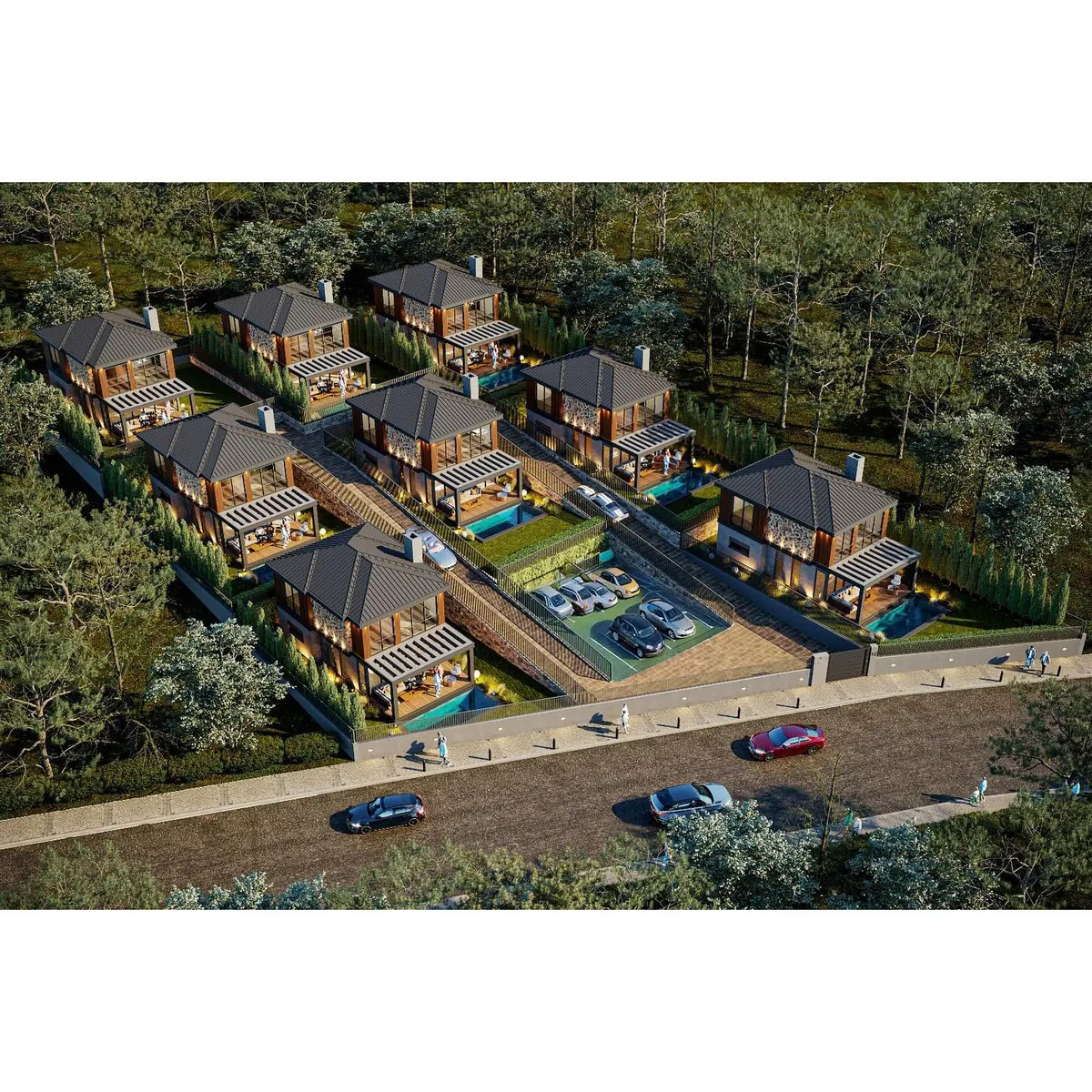 Çayırbaşı Taş Panelli Villalar, Çayırbaşı, Şile – havadan görünüm: villalar ve havuzlar (3D görselleştirme)