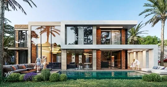 Çayırbaşı Tuğla Cepheli Villa, Çayırbaşı, Şile – havuzlu bahçe cephesi: tuğla, beyaz çerçeve ve cam (3D görselleştirme)