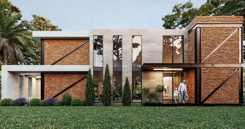 Çayırbaşı Tuğla Cepheli Villa, Çayırbaşı, Şile – giriş cephesi: tuğla ve beyaz kütleler (3D görselleştirme)