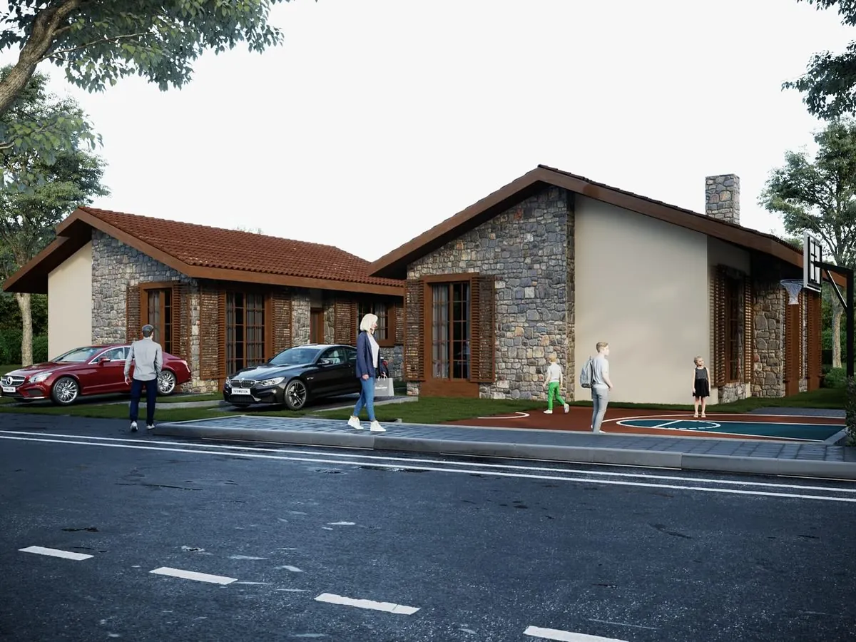 Çengilli Taş Evler, Çengilli, Şile – sokaktan evler ve spor alanı (3D görselleştirme)