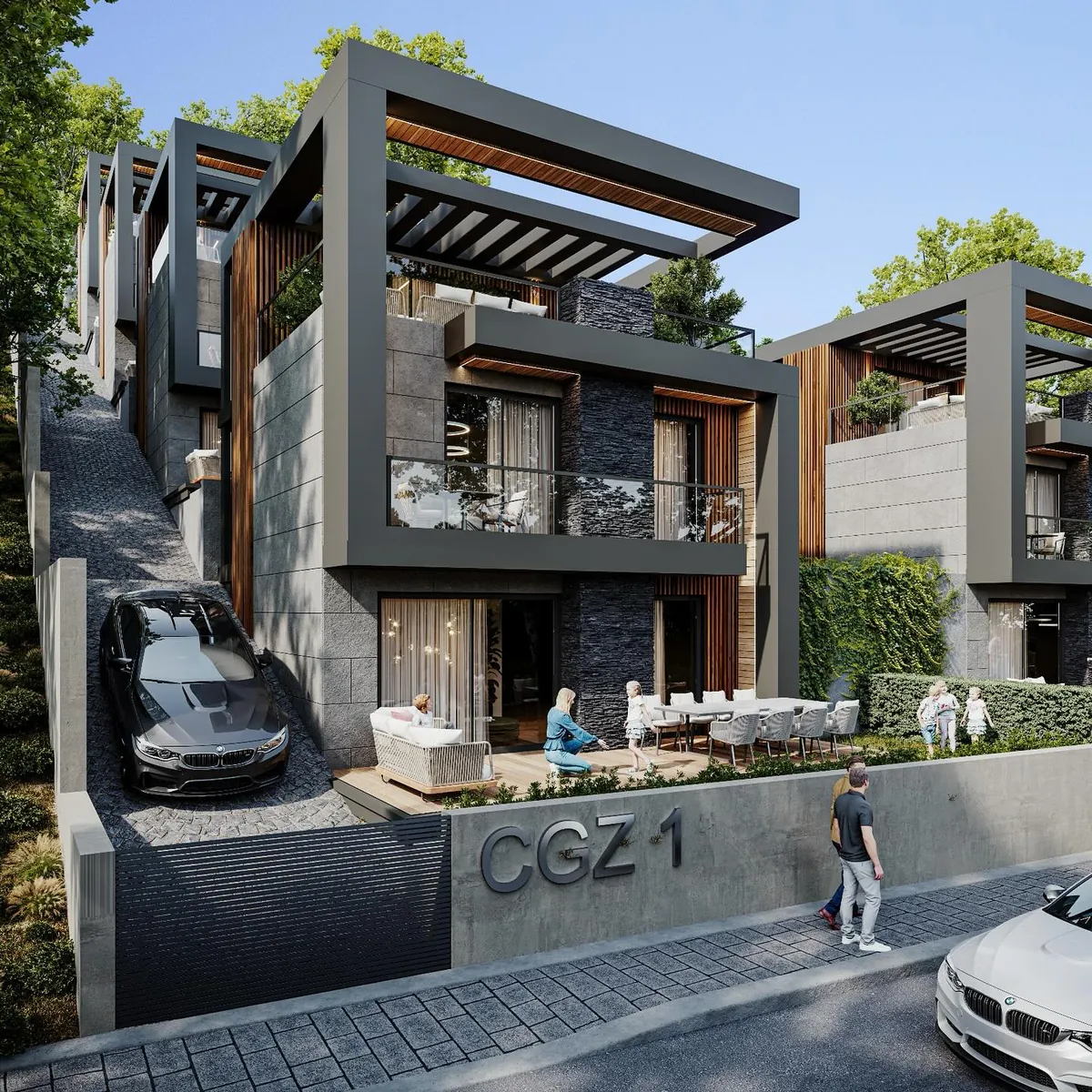 CGZ 1 Evleri, Şuayipli, Şile – garaj rampası, pergolalar ve CGZ 1 girişi (3D görselleştirme)