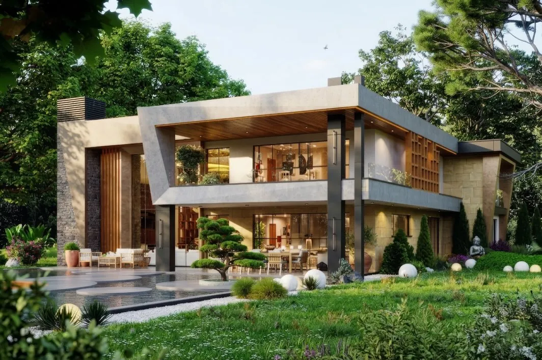 ESUS Evi, Çengilli, Şile – bahçe cephesi: eğik çerçeve ve yansıma havuzu (3D görselleştirme)