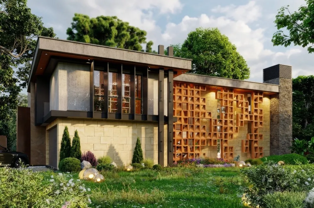ESUS Evi, Çengilli, Şile – yan cephe: ahşap kafes ve taş kaide (3D görselleştirme)