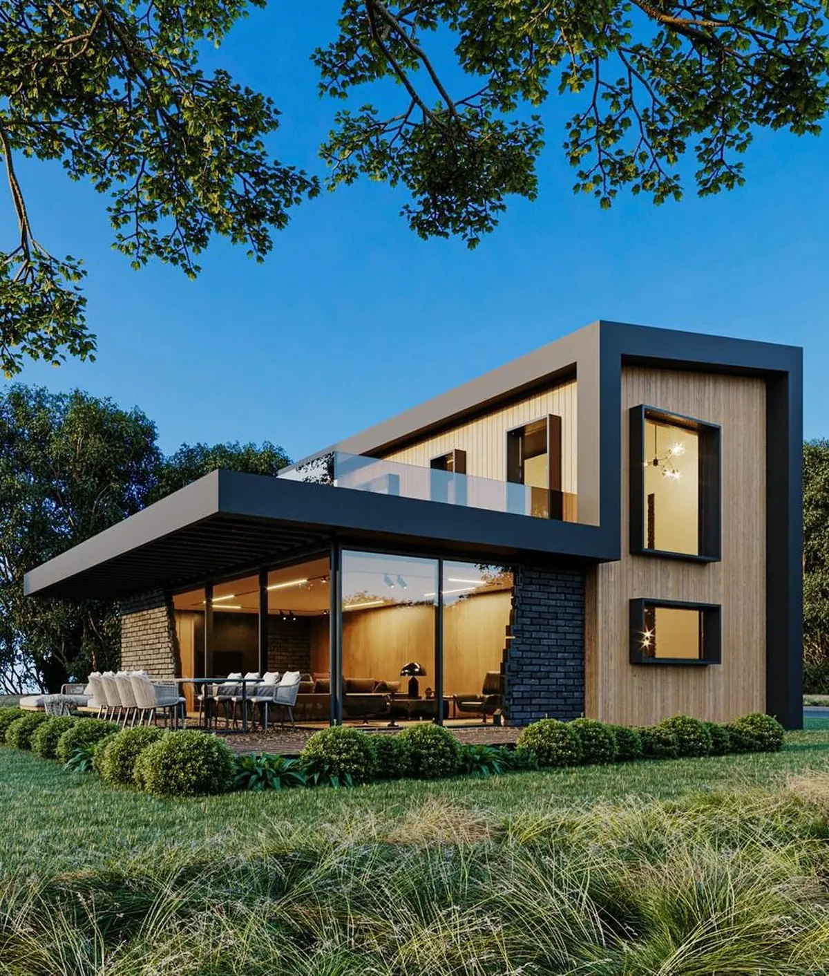 İmrendere Ahşap ve Antrasit Villa, İmrendere, Şile – geniş saçaklı teras ve ahşap kaplı kütle (3D görselleştirme)