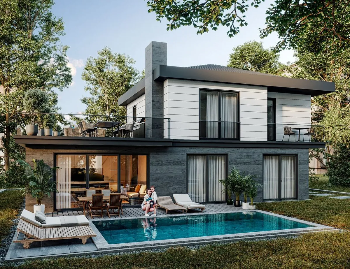 İmrendere Beyaz Cepheli Villa, İmrendere, Şile – havuz ve bahçe cephesi (3D görselleştirme)