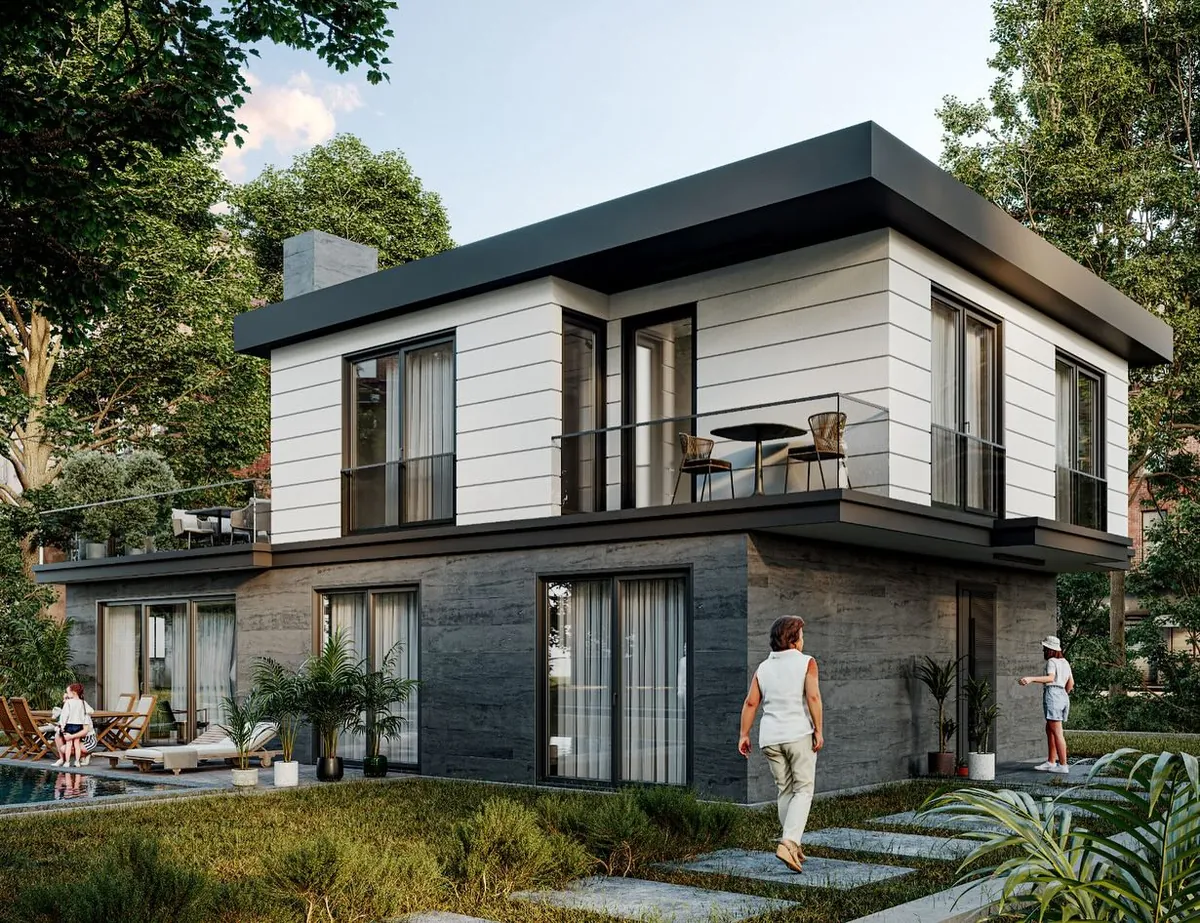 İmrendere Beyaz Cepheli Villa, İmrendere, Şile – beyaz yatay kaplama ve taş kaplı zemin kat (3D görselleştirme)