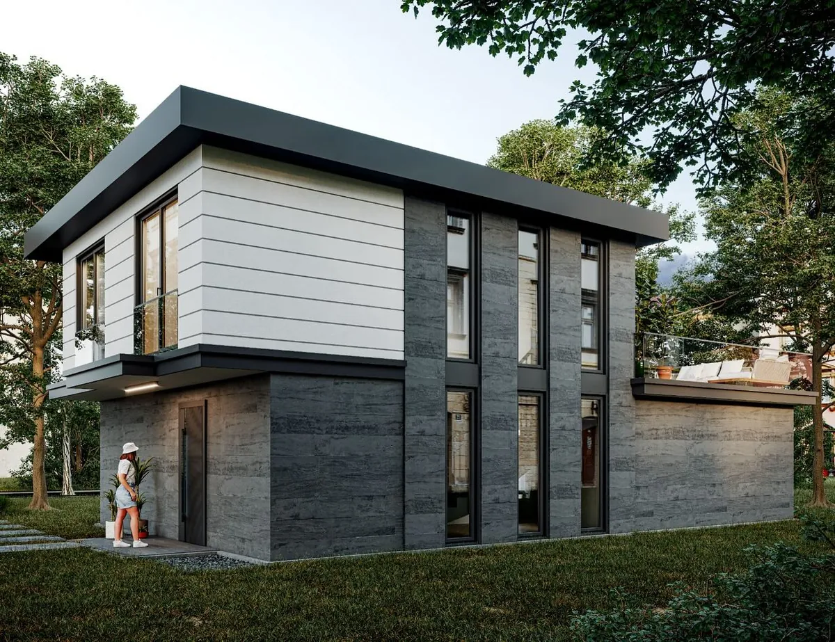 İmrendere Beyaz Cepheli Villa, İmrendere, Şile – yan cephe ve dikey pencereler (3D görselleştirme)
