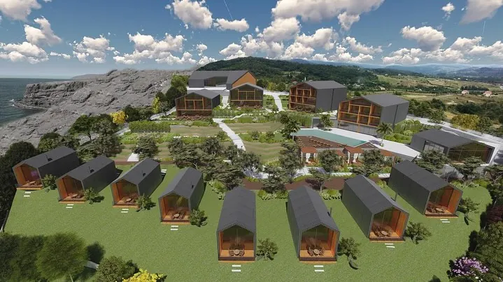 İmrenli Cabins, İmrenli, Şile – havadan görünüm: kabinler, konaklama yapıları ve havuz (3D görselleştirme)