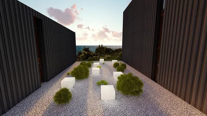 İmrenli Cabins, İmrenli, Şile – koyu kaplamalı yapılar arasındaki çakıllı avlu ve deniz (3D görselleştirme)