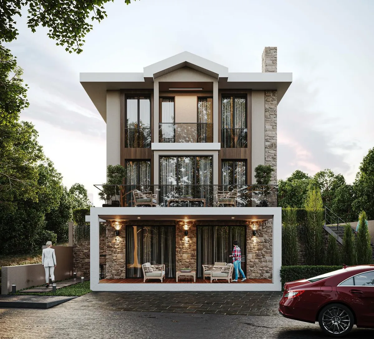 İmrenli Köşe Parsel Villası, İmrenli, Şile – sokak cephesi: üç katlı villa ve taş kaplı baca kütlesi (3D görselleştirme)