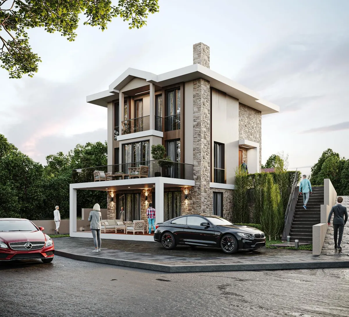 İmrenli Köşe Parsel Villası, İmrenli, Şile – köşe parselden perspektif ve merdivenli giriş (3D görselleştirme)