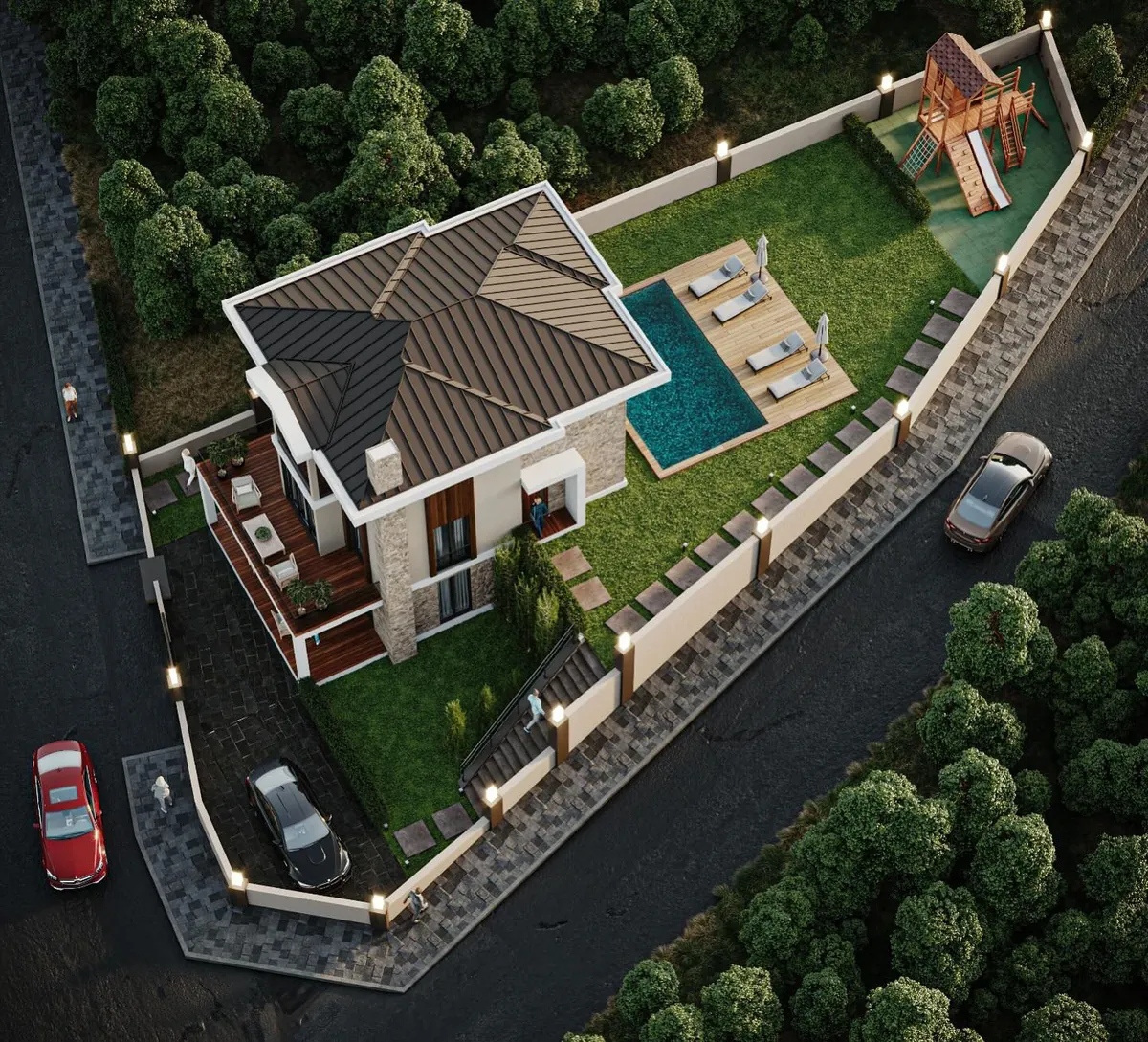 İmrenli Köşe Parsel Villası, İmrenli, Şile – kuşbakışı: havuz, bahçe ve oyun alanı (3D görselleştirme)