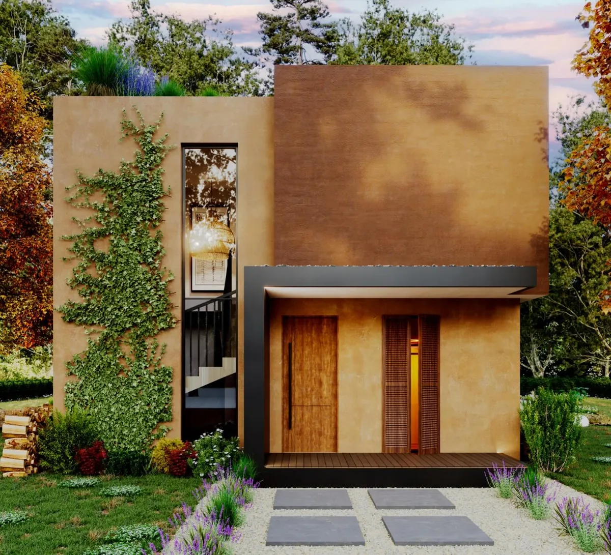 Kabakoz Renkli Ev, Kabakoz, Şile – giriş cephesi: sarmaşık, ahşap kapılar ve saçak (3D görselleştirme)