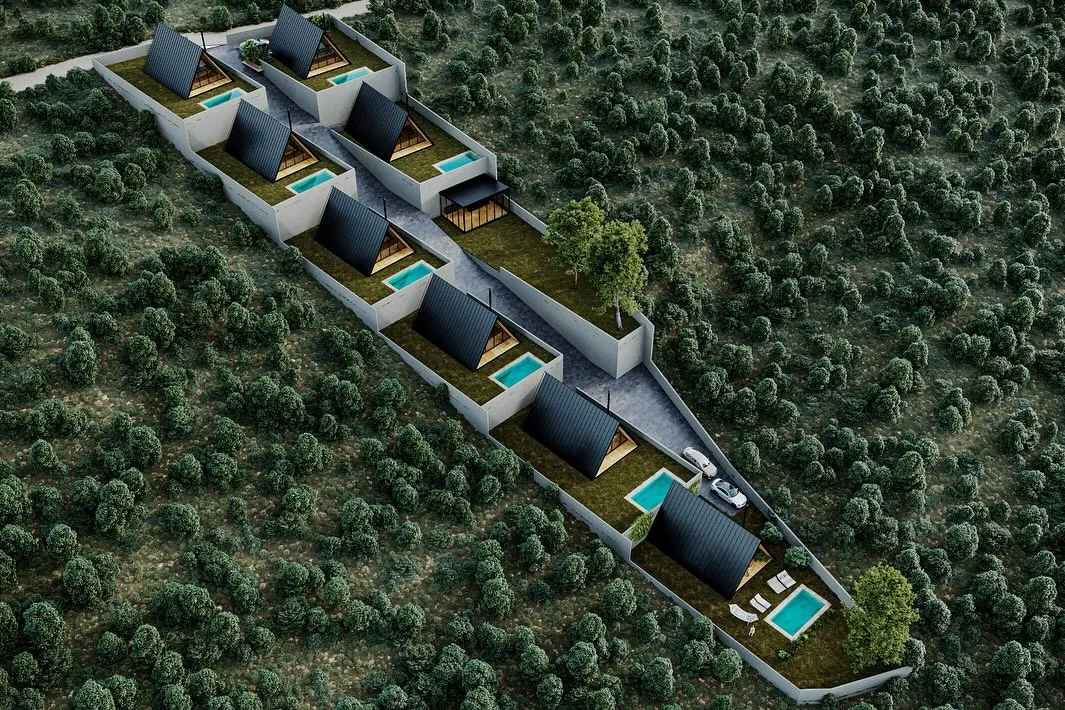 Kalem Agroturizm Kabinleri, Kalem, Şile – kuşbakışı: ormanlık yamaçta sıralanan kabinler (3D görselleştirme)