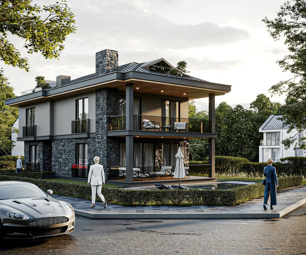 Kumbaba Villaları, Kumbaba, Şile – taş, gri sıva ve geniş saçaklı villa (3D görselleştirme)