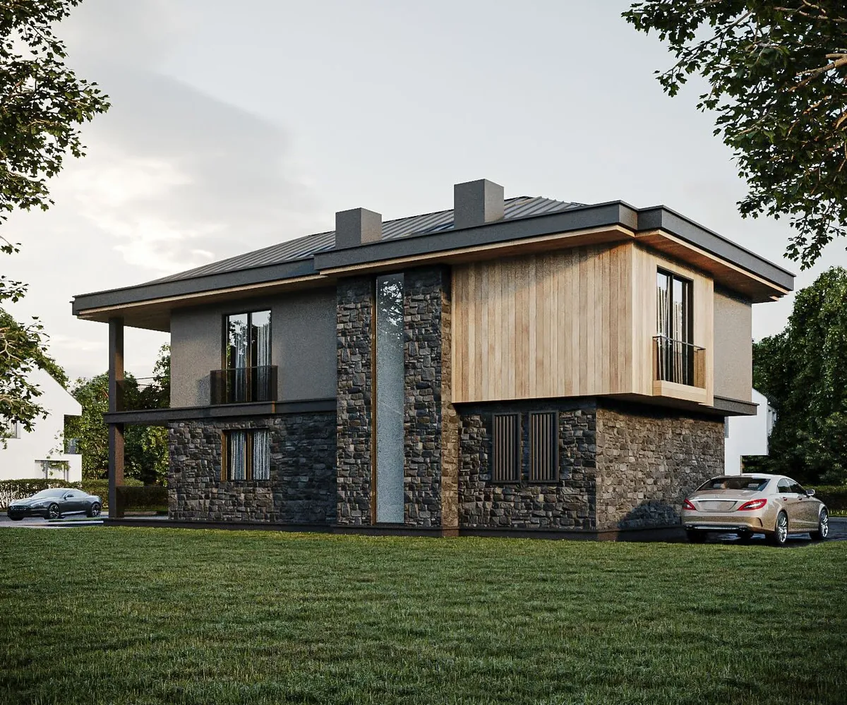 Kumbaba Villaları, Kumbaba, Şile – taş ve ahşap kaplı konsol kütleli villa (3D görselleştirme)