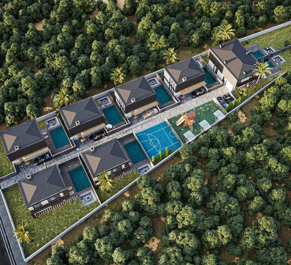 Leon Exclusive, Meşrutiyet, Şile – havadan görünüm: villalar, havuzlar ve spor alanı (3D görselleştirme)