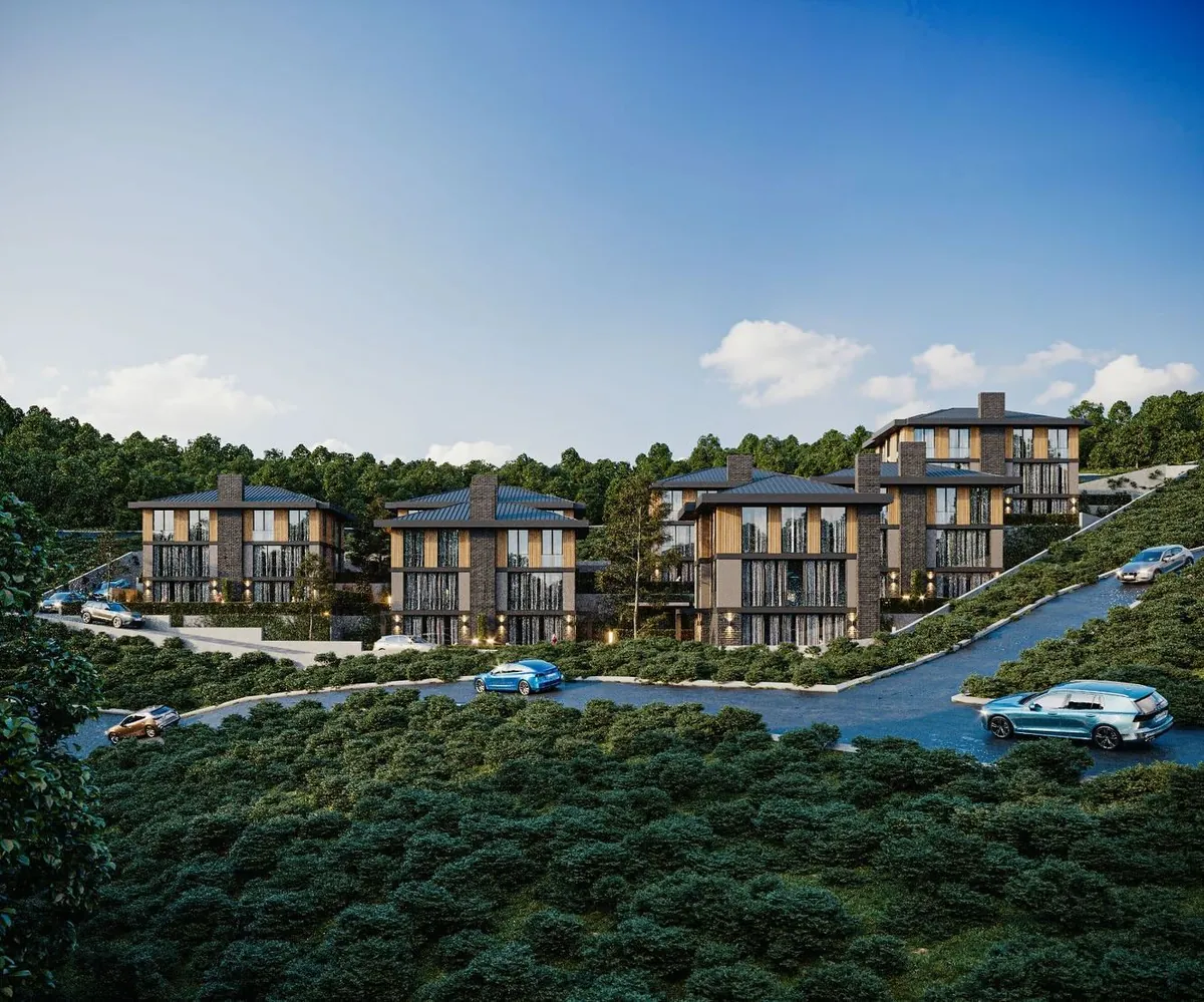 Lotus Evleri, Balibey, Şile – ormanlık yamaçta konumlanan villalar ve ulaşım yolu (3D görselleştirme)