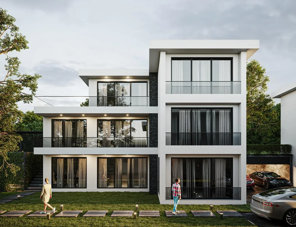 Mavi & Yeşil Villaları, Sofular, Şile – beyaz çerçeveli üç katlı villa cephesi (3D görselleştirme)
